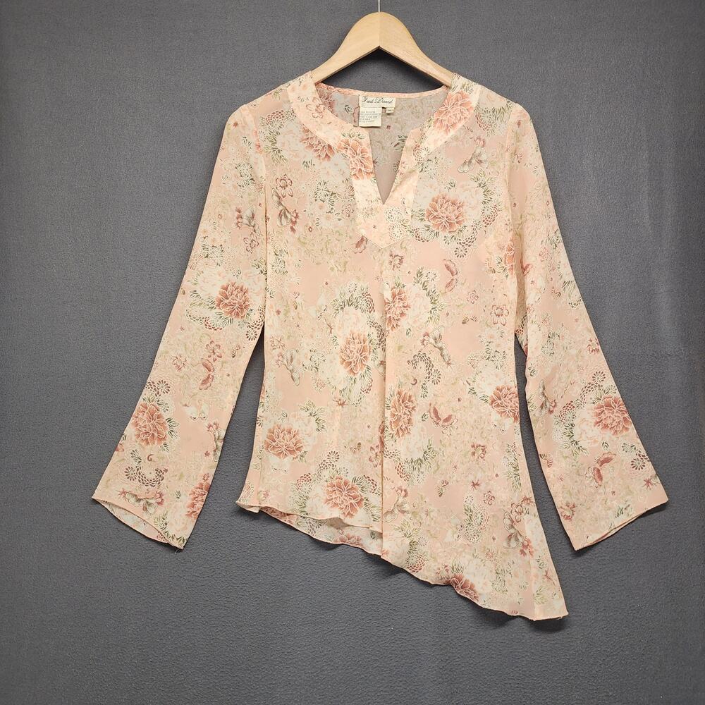 Fred David Womens Top Medium Floral Blouse Asymmetrical Hem Boho Cottagecore